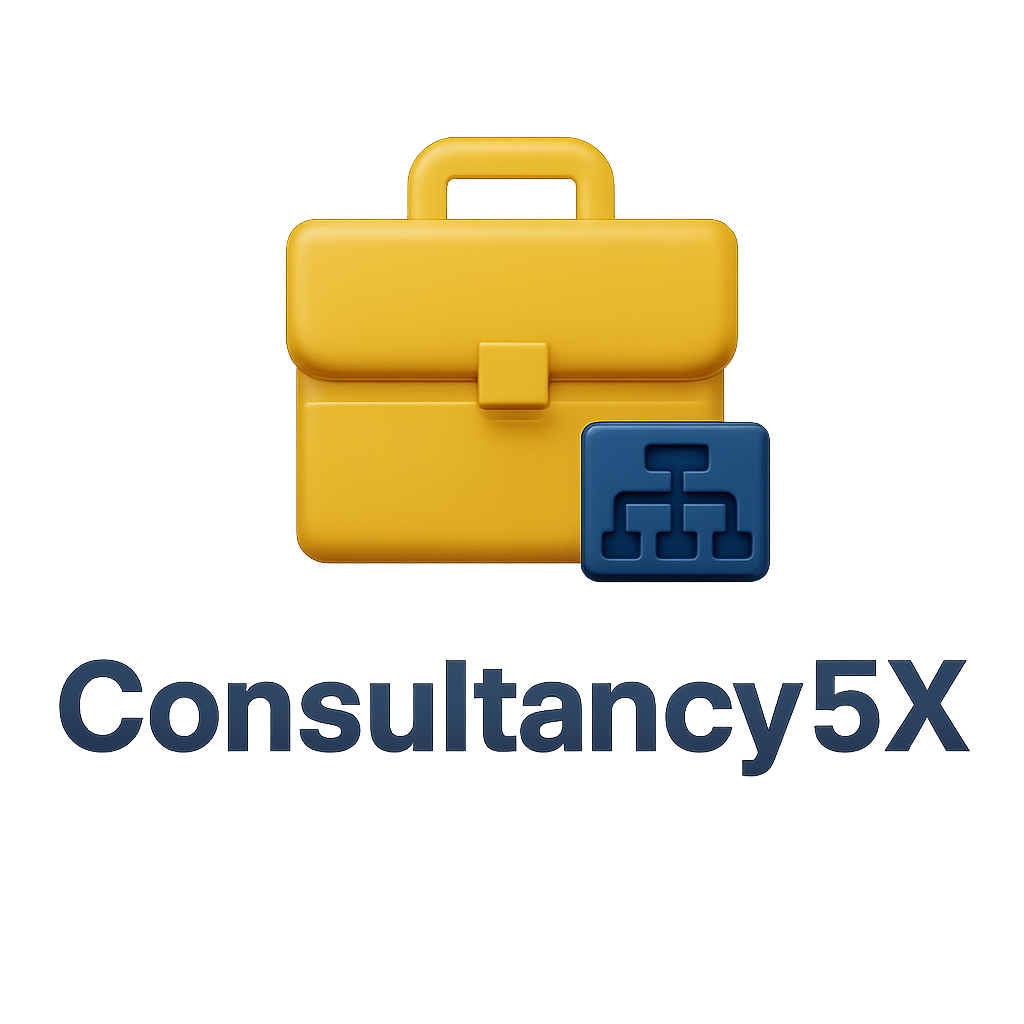 “Consultancy5X logo – Strategy & Legal Advisory, 3D gold briefcase”