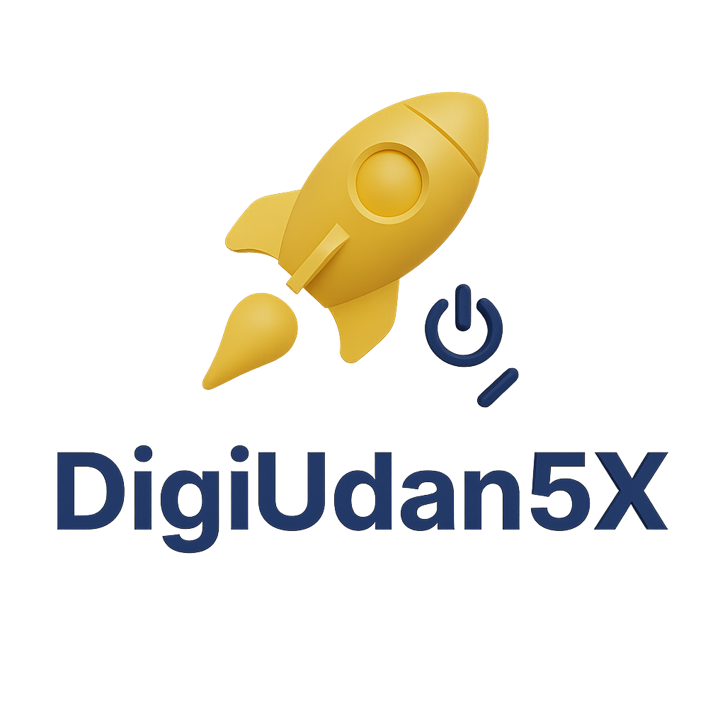 “DigiUdan5X logo – Digital Setup & Plugins, 3D gold rocket”