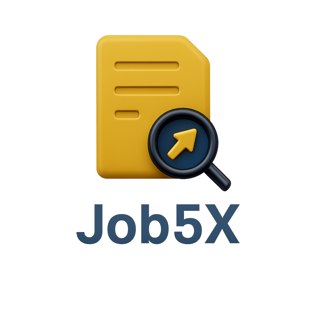 “Job5X logo – Career, Resume & Growth, 3D gold document with magnifier”